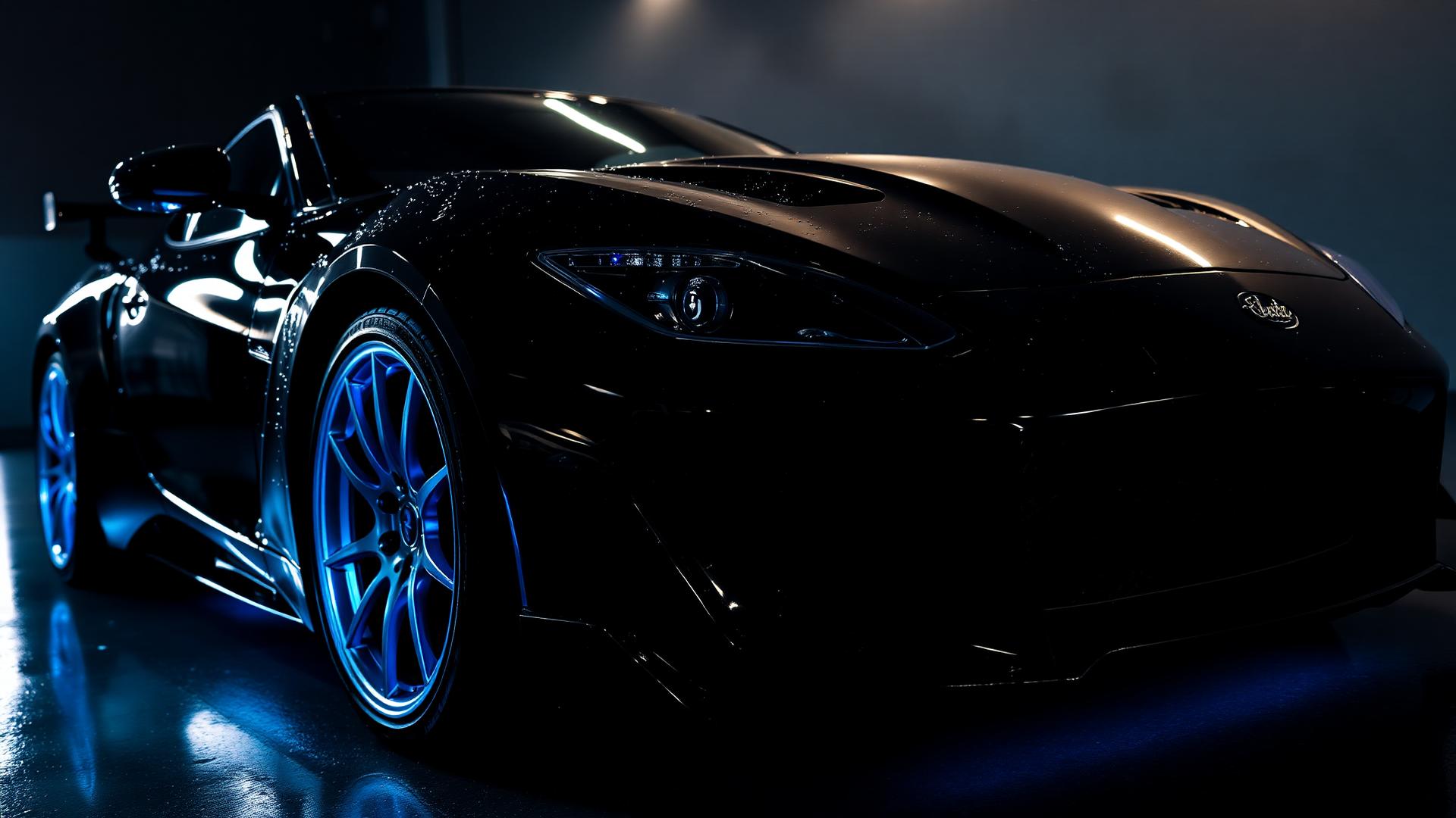 Glossy black sports car with deep reflections